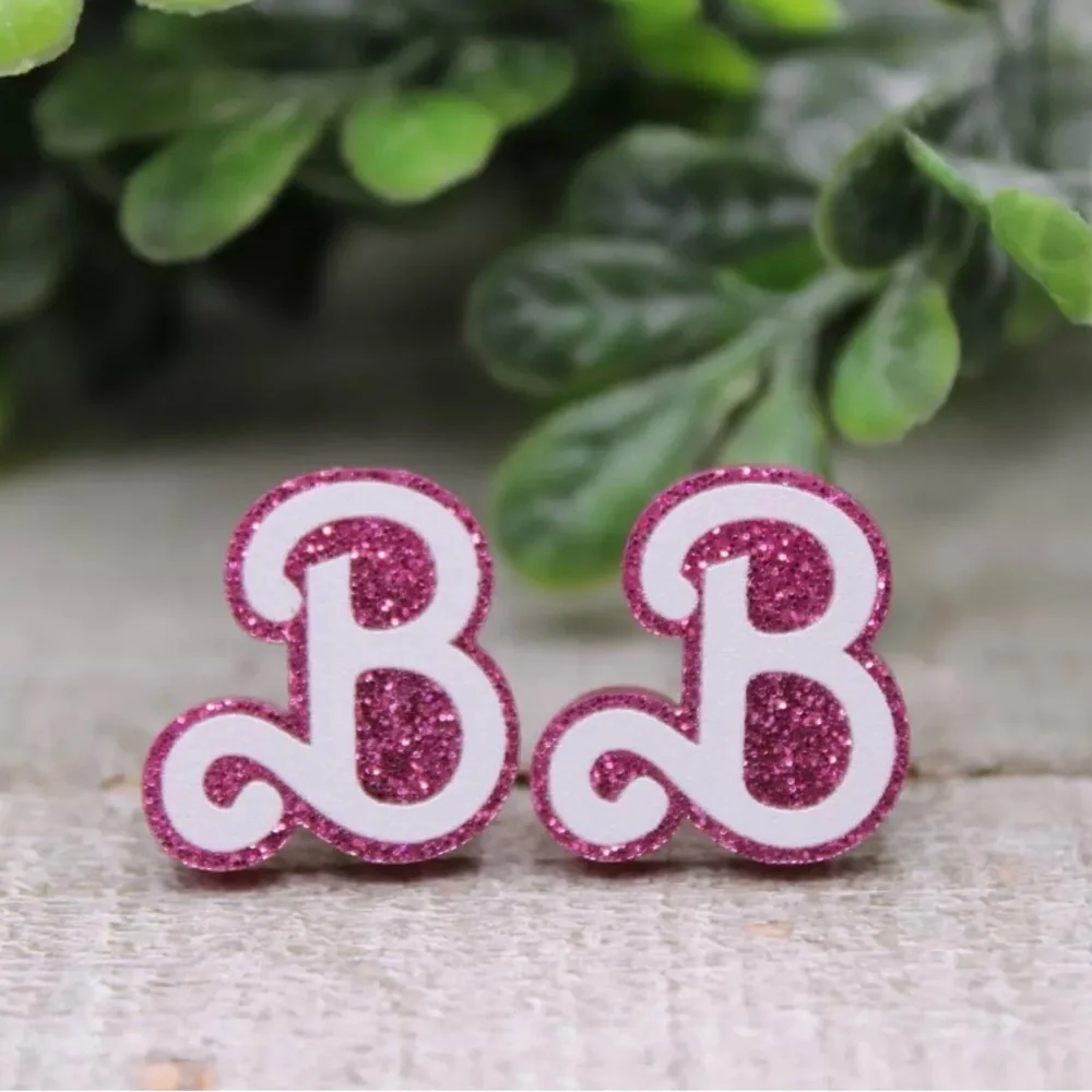 “Barbie Pink Glitter Logo” B Mattel Doll Dolly Toy Figurine Girly Feminine Studs